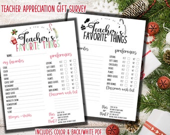 Teacher Appreciation Gift Survey, Teacher's Favorite Things Questionnaire Christmas Gift Printable PDF