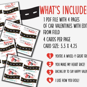editable boy valentines with toy car. this image has list of what's included. 1 pdf file with 4 pages of cards. 4 cards per page