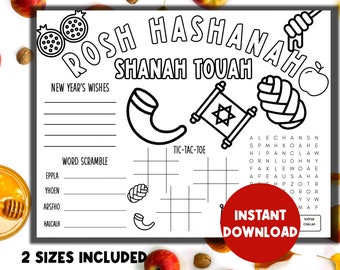 Rosh Hashanah Coloring  Activity Placemat Printable | Jewish High Holiday Coloring Placemat Activity Sheet for Kids | Shana Tova Holiday