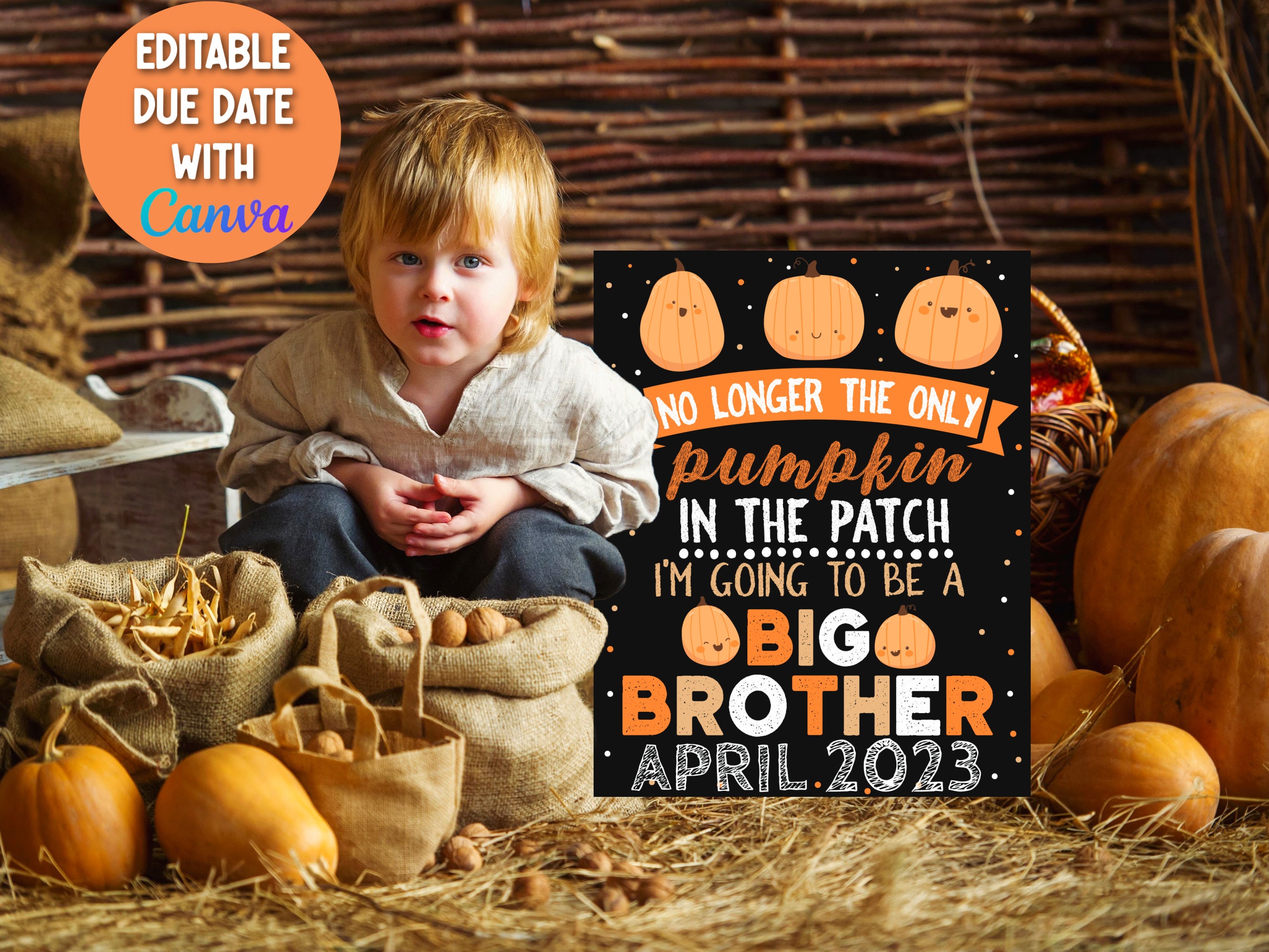 Pumpkin Big Brother Announcement Sign, Fall Big Brother Pregnancy Announcement, No Longer The Only Pumpkin In The Patch Sibling Announcement