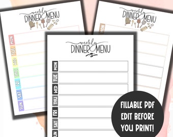 Weekly Dinner Menu Template Editable | Minimalist Dinner Menu Planner Printable | What's For Dinner? | Menu Planning | Weekly Meal Plan