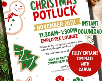May include: A white Christmas potluck invitation with a gingerbread snowman, Christmas tree, and candy cane. The invitation includes the date, time, and location of the event. It also says "Instant Download" and "Fully Editable Template with Canva".