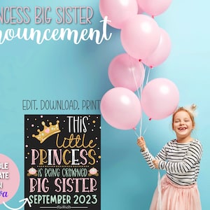 Princess Big Sister Announcement Sign | Princess Big Sis Pregnancy Announcement Board Photoshoot Prop | Crown Big Sis Sign Digital Download