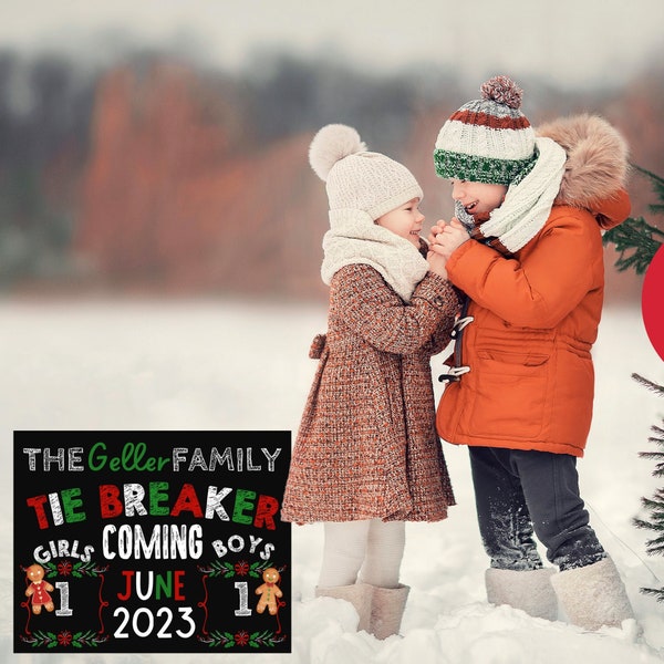 Christmas Tie Breaker Pregnancy Announcement Sign, Christmas Sibling Announcement Baby #3, Holiday Tie Breaker Pregnancy Reveal