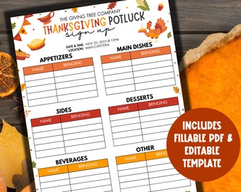 Thanksgiving Potluck Sign Up Sheet EDITABLE | Friendsgiving Potluck Food Sign Up | Thanksgiving Potluck Sign Up Form | Office Potluck Signup