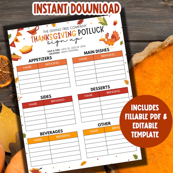 Thanksgiving Potluck Sign Up Sheet EDITABLE | Friendsgiving Potluck Food Sign Up | Thanksgiving Potluck Sign Up Form | Office Potluck Signup