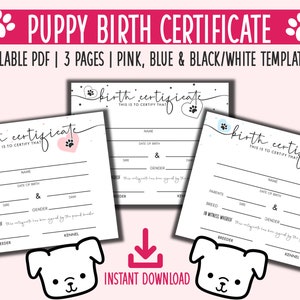 Puppy Birth Certificate Template Printable PDF| Dog Birth Certificate ...