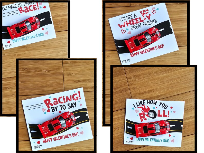 image of car valentine cards in use with toy hot  wheels cars.