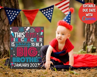 4th of July Big Brother Pregnancy Announcement, This Litte Firecracker Big Brother Sign, Sibling Announcement Chalkboard Editable Digital