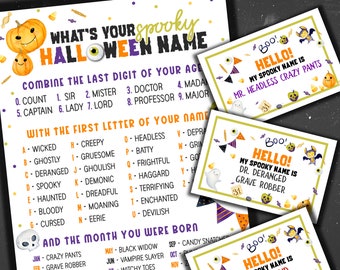 What's Your Halloween Name Game | Spooky Halloween Name Printable Sign and Name Tags | Halloween Party Games for Kids