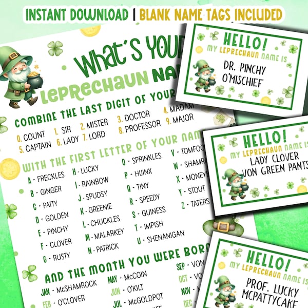 What's Your Leprechaun Name, Leprechaun Name Game with Name Tags, St. Patrick's Day Party Game, St. Patrick's Day activity