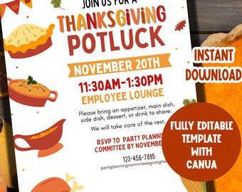 Thanksgiving Potluck Flyer EDITABLE | Thanksgiving Potluck Invitation Canva Editable Template | Friendsgiving Potluck Invitation