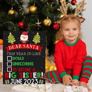 Signo de anuncio de hermana mayor de Navidad, querido Santa carta hermano embarazo anuncio pizarra imprimible digital