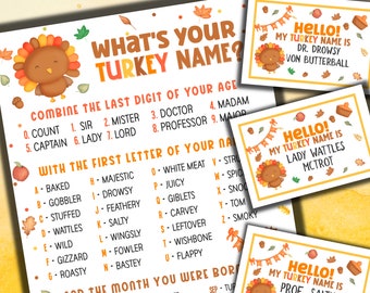 What's Your Turkey Name Game with Nametags | Friendsgiving Game | Thanksgiving Name Generator Game | Icebreaker Game |