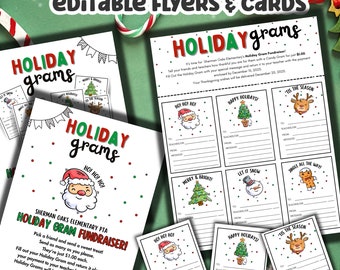 May include: Holiday Grams printable flyers and cards with festive designs. The flyers feature Santa Claus, Christmas trees, snowmen, and reindeer. The text includes "Holiday Grams" and "Holiday Gram Fundraiser!"