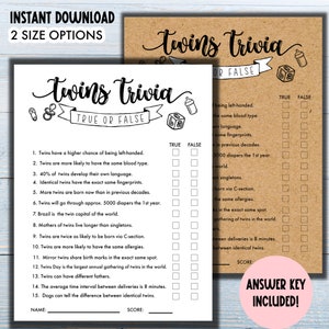 Twins Trivia | True or False Twin Baby Shower Game | Baby Trivia Baby Shower Game Printable PDF | Twin Trivia Baby Shower Game Download