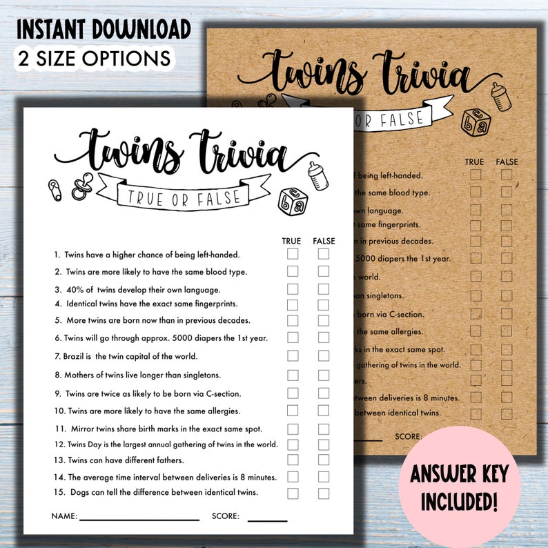 Twins Trivia True or False Twin Baby Shower Game Baby Etsy