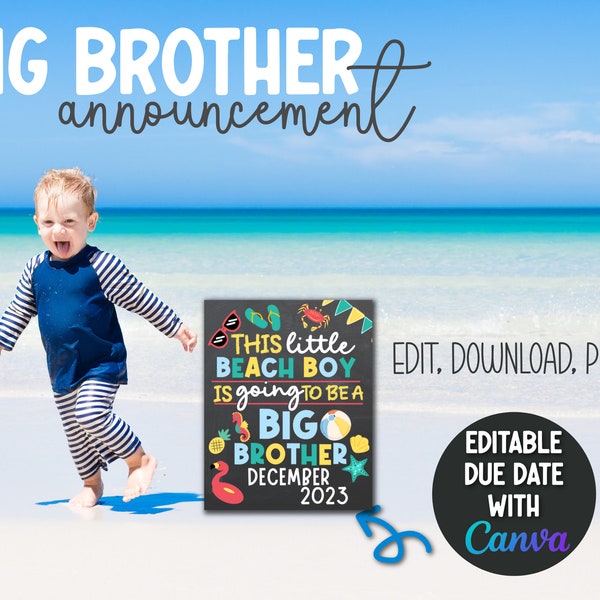 Beach Big Brother Announcement sign, Summer big brother announcement board, Big Brother Pregnancy Announcement Editable Due Date Chalkboard