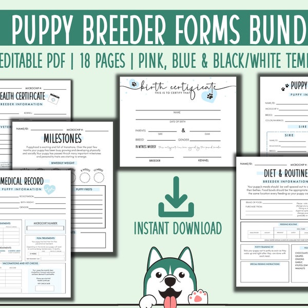 Breeder Puppy Pack Fillable Forms | Dog Breeder Bundle | Breeder Forms Dog Health Records | Puppy Vaccination | Dog Vaccination Editable PDF