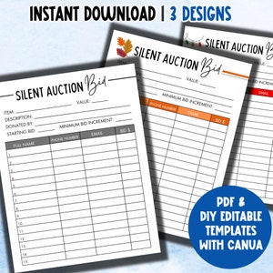 May include: Three printable silent auction bid sheets with a fall theme. The sheets have space for item number, description, donated by, starting bid, minimum bid increment, full name, phone number, email, and bid amount.