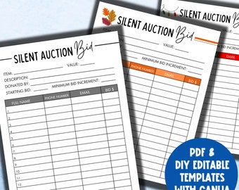 Silent Auction Bid Sheet Editable | Silent Auction Sign Up Sheet | Fundraiser Silent Auction Bidding Sheet Printable |