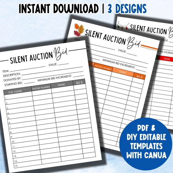 Silent Auction Bid Sheet Editable | Silent Auction Sign Up Sheet | Fundraiser Silent Auction Bidding Sheet Printable |