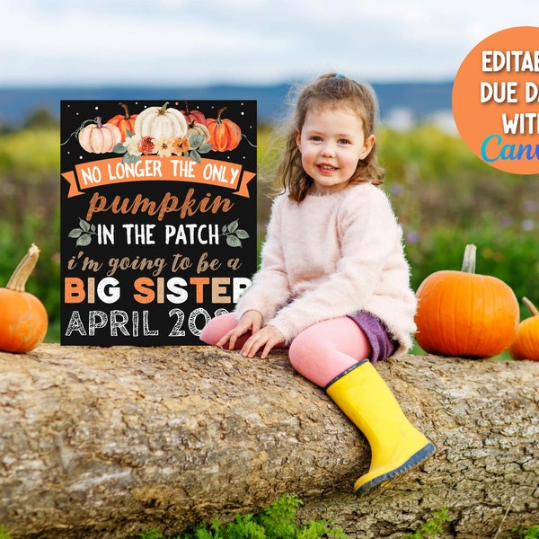 Pumpkin Big Sister Announcement Sign, Fall Big Sister Pregnancy Announcement, No Longer The Only Pumpkin In The Patch Sibling Announcement