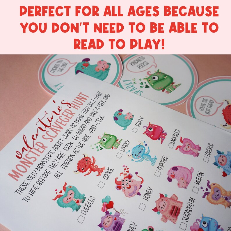 image showing printed copy of Valentine's day scavenger hunt game for preschool and toddlers.