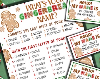 May include: A printable Christmas party game with a gingerbread theme. The game asks players to combine the last digit of their birth month with the first letter of their first name to create a funny gingerbread name. The game includes a printable name tag for each player.