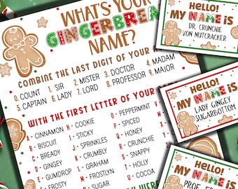 What's Your Gingerbread Name Game with Nametags & Sign | Gingerbread Party Game | Gingerbread Decorating Party| Christmas Name Generator