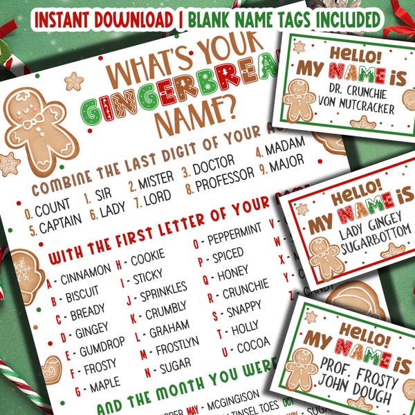 What's Your Gingerbread Name Game with Nametags & Sign | Gingerbread Party Game | Gingerbread Decorating Party| Christmas Name Generator