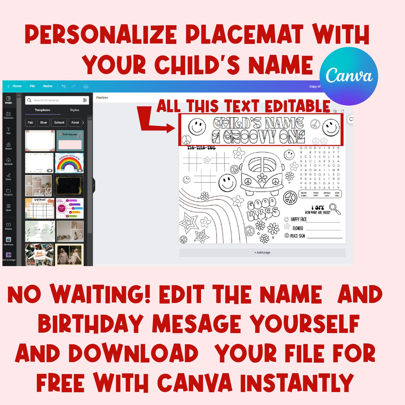 Groovy One Coloring Placemat First Birthday Editable | Retro 1st ...