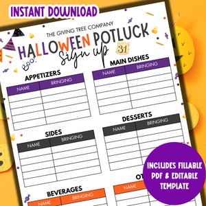 Halloween Potluck Sign Up Sheet EDITABLE | Potluck Sign Up Form | Printable Halloween Potluck Sign Up PDF |