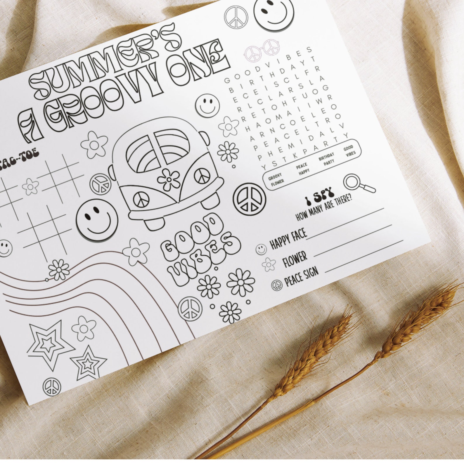 Groovy One Coloring Placemat First Birthday Editable | Retro 1st ...