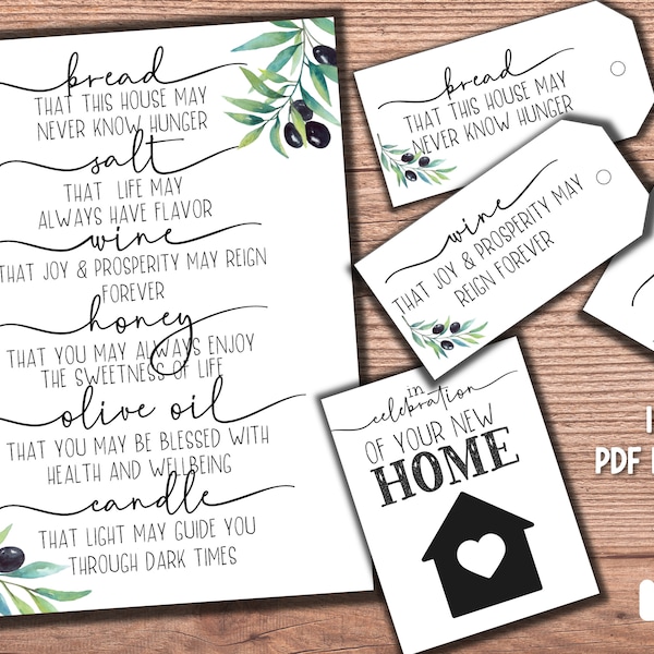 Housewarming Printable Home Blessing, Bread Salt Wine, New Home Owners, New Neighbors, Welcome To Your New Home Housewarming Gift Basket Tag