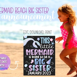 Beach Mermaid Big Sister Sign | Promoted To Big Sis Announcement Sign | Chalk New Baby Sign Digital Download