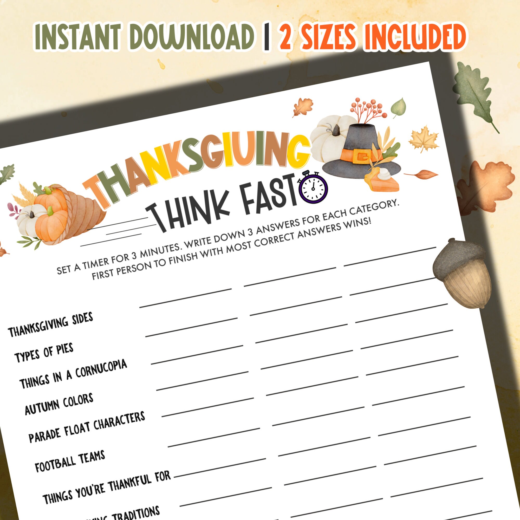 Thanksgiving Trivia Game, Think Fast Game, Thanksgiving Printable Games,  Fun Friendsgiving Game, Zoom Game, Family Game, Instant Download