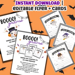 May include: A printable Halloween Boo Grams fundraiser flyer with a cute ghost illustration. The flyer includes instructions for a school fundraiser where students can send sweet treats to their friends. The flyer also includes a printable Boo Gram card with space for a message, grade, and teacher's name.