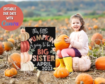 Pumpkin Big Sister Pregnancy Announcement Sign, Fall Big Sister Announcement Chalkboard, Sibling Baby Announcement Big Sister Sign