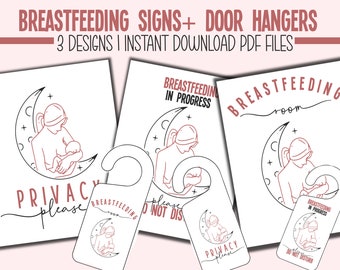 Può includere: Set di tre cartelli e appendini per l'allattamento al seno. I cartelli presentano un disegno a tratto di una madre che allatta un bambino all'interno di una luna crescente. Il testo include "Privacy Please", "Breastfeeding in Progress" e "Breastfeeding Room".