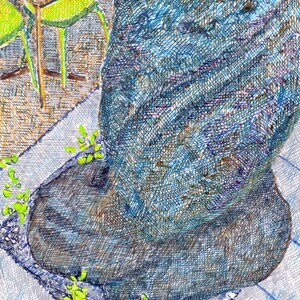 May include: A close-up of a blue jean leg stepping on a small patch of green plants. The plants are growing through a crack in a light blue and white tiled floor. The text "SN 10110124" is visible in the lower right corner of the image.