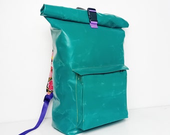 Upcycled Lorry tarpaulin rolltop waterproof backpack LARGE teal bluegreen
