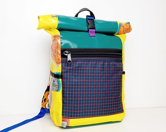 Upcycled tarpaulin rolltop backpack Teal yellow size Medium