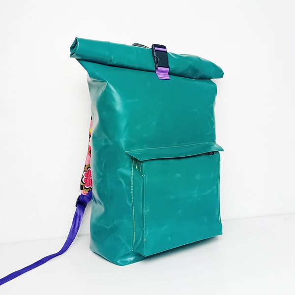 Upcycled Lorry tarpaulin rolltop waterproof backpack LARGE teal bluegreen