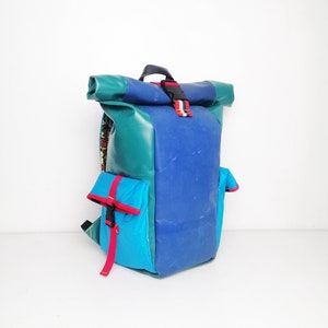 Upcycled tarpaulin rolltop rucksack teal blue red medium sizes