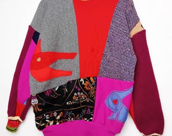 Upcycled knitted sweater red grey floral wool