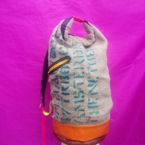 Upcycled Coffee bean sack rolltop bagpack unique warm winter rucksack tarpaulin