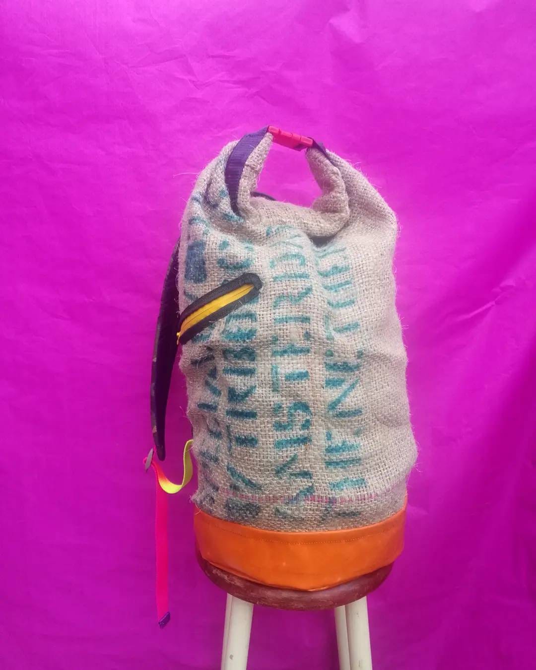 Upcycled Coffee bean sack rolltop bagpack unique warm winter rucksack tarpaulin