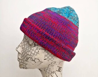 Knitted winter beanie hat red purple turquoise