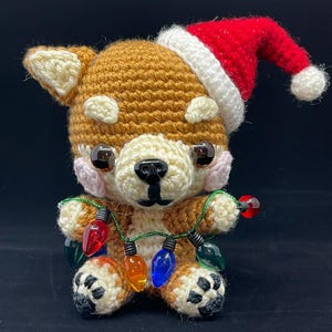Handmade Crochet Holiday Dog – Christmas Pup Plush with Santa Hat and Lights – Festive Amigurumi Gift – Ready to Ship